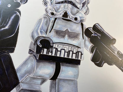 limited edition art print of my realistic coloured pencil drawing of the LEGO  stormtrooper Minifigures from starwars lego art by tom mothersole