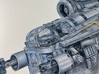 limited edition art print of my realistic coloured pencil drawing of the LEGO Razorcrest spaceship from starwars the mandalorian by tom mothersole lego art