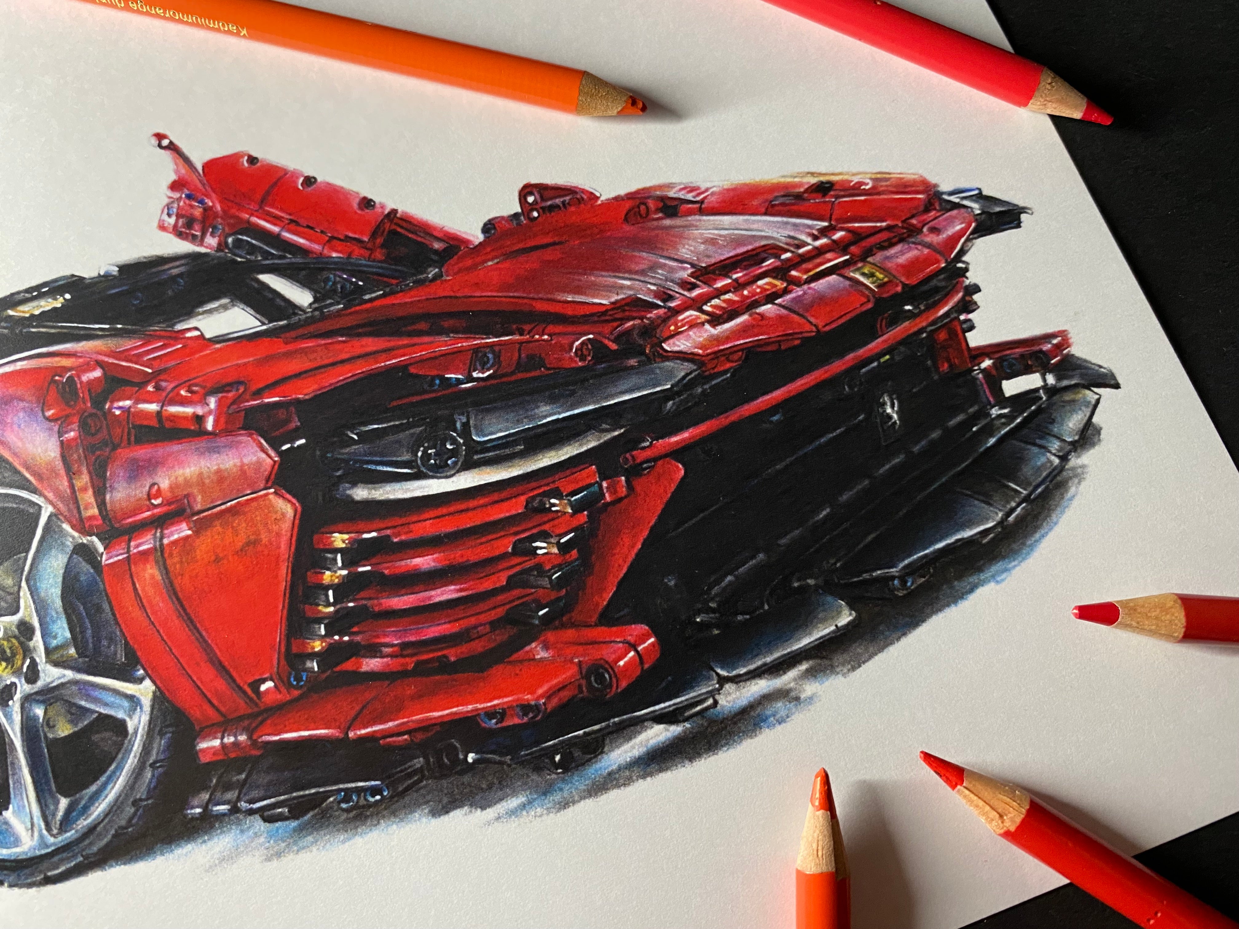 limited edition art print of realistic coloured pencil drawing of the LEGO Technic Ferrari Daytona SP3 super car by tom mothersole lego art