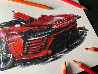 limited edition art print of realistic coloured pencil drawing of the LEGO Technic Ferrari Daytona SP3 super car by tom mothersole lego art