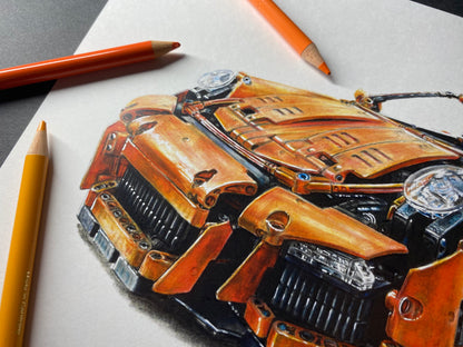 A4 limited edition art print of my realistic coloured pencil drawing of the orange LEGO Technic Porsche 911 GT3 RS by Tom Mothersole