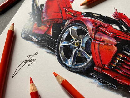 limited edition art print of realistic coloured pencil drawing of the LEGO Technic Ferrari Daytona SP3 super car by tom mothersole lego art