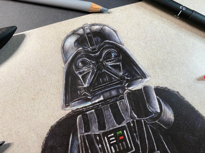 Limited edition art print of my realistic coloured pencil drawing of the LEGO Darth Vader Minifigure from starwars by tom mothersole lego art