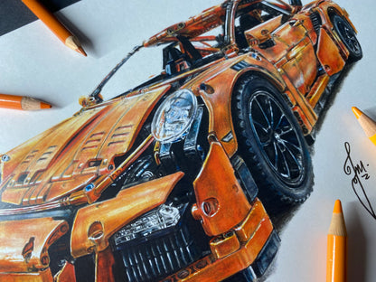 A4 limited edition art print of my realistic coloured pencil drawing of the orange LEGO Technic Porsche 911 GT3 RS by Tom Mothersole