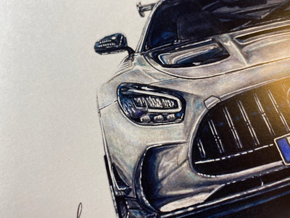 close up of the headlight on my realistic coloured pencil drawing of a silver Mercedes AMG GTR super car art