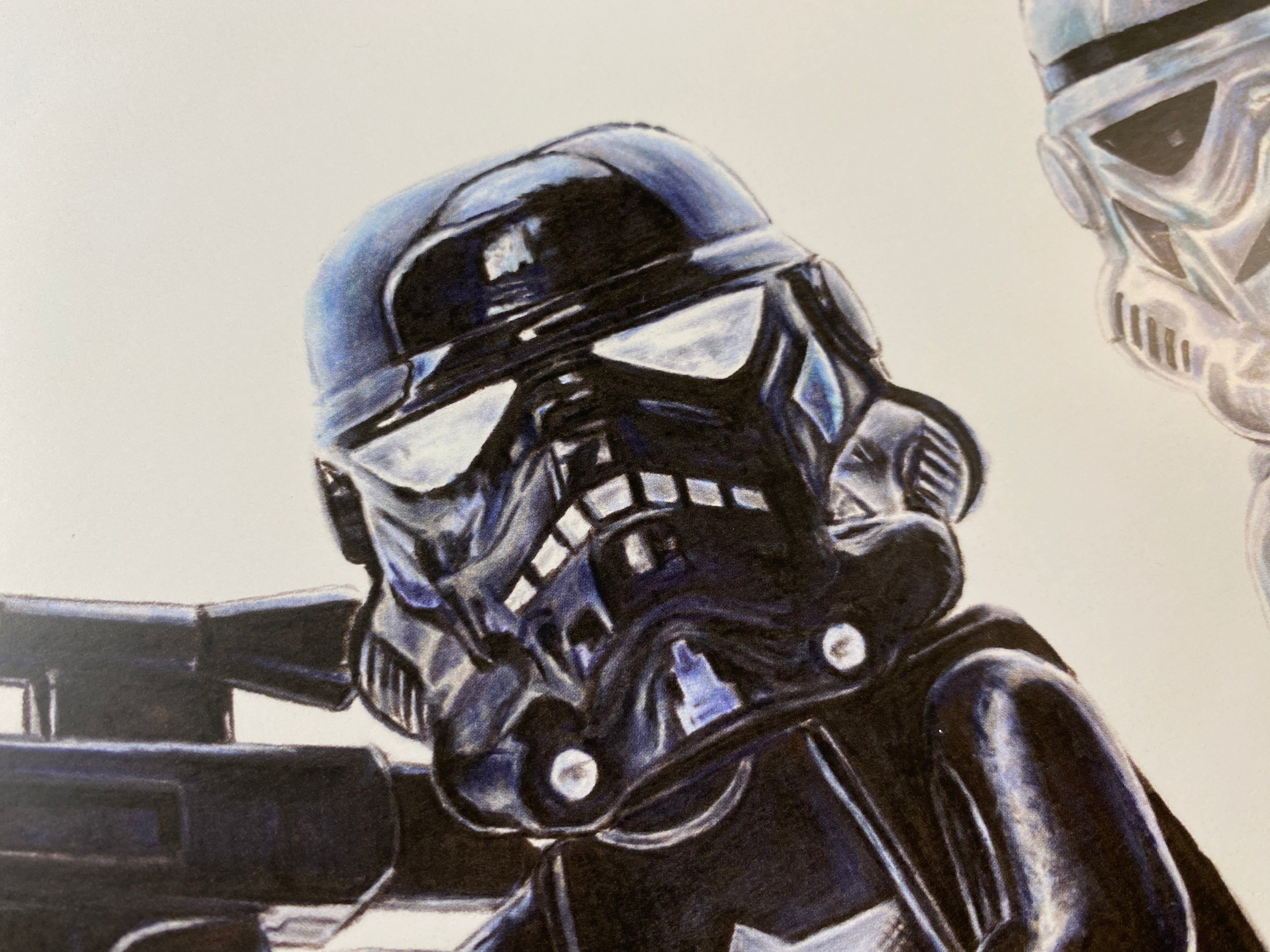 limited edition art print of my realistic coloured pencil drawing of the LEGO Shadowtrooper Minifigure from starwars lego art by tom mothersole