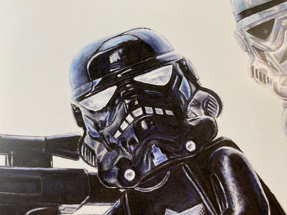 limited edition art print of my realistic coloured pencil drawing of the LEGO Shadowtrooper Minifigure from starwars lego art by tom mothersole