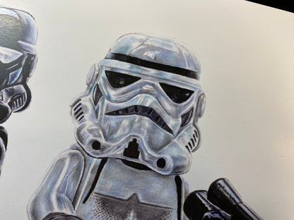 limited edition art print of my realistic coloured pencil drawing of the LEGO stormtrooper Minifigure from starwars lego art by tom mothersole