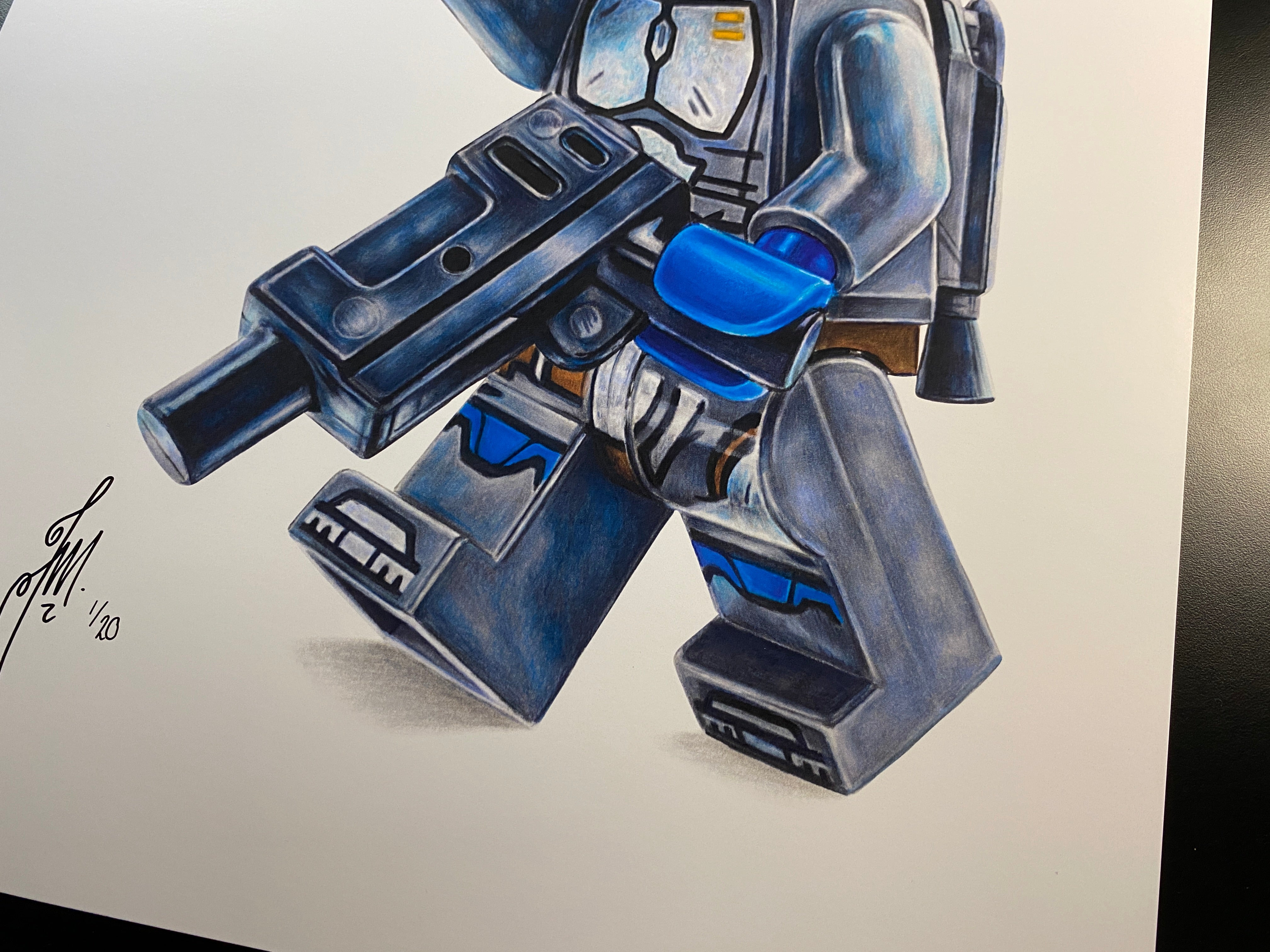 limited edition art print of my coloured pencil drawing of the LEGO Bokatan Minifigure from starwars the mandalorian by tom mothersole lego art