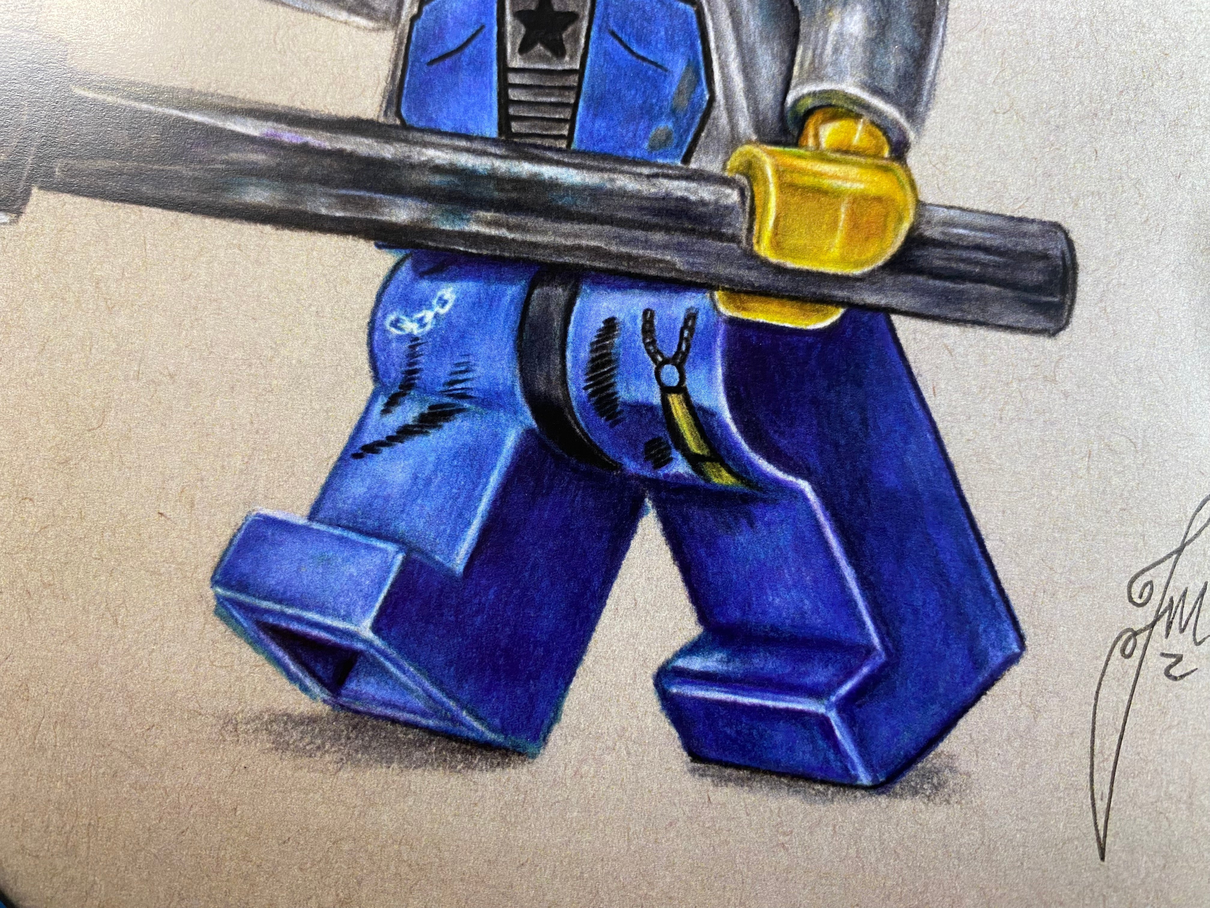 A4 limited edition art print of my realistic coloured pencil drawing of the LEGO Power Miner Minifigure by tom mothersole lego art gift idea