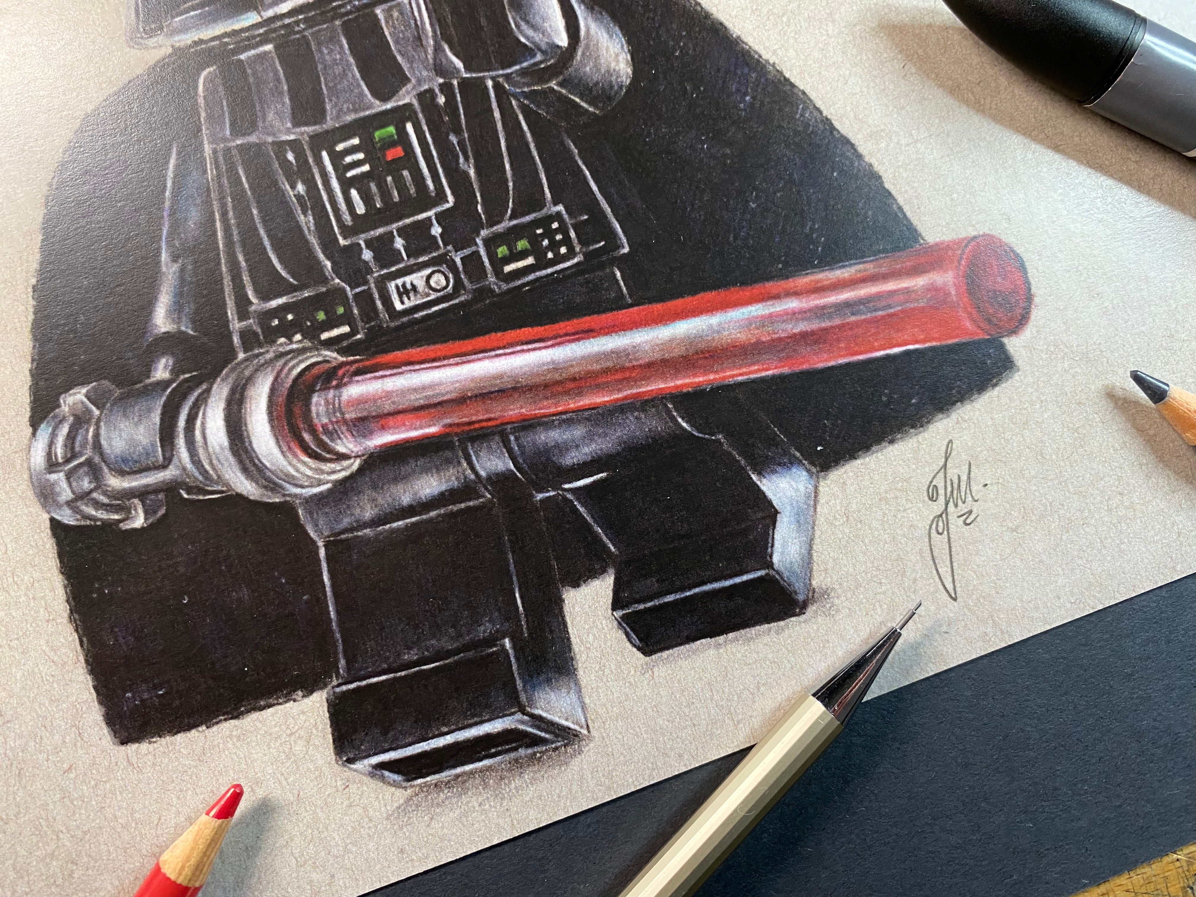 Limited edition art print of my realistic coloured pencil drawing of the LEGO Darth Vader Minifigure from starwars by tom mothersole lego art