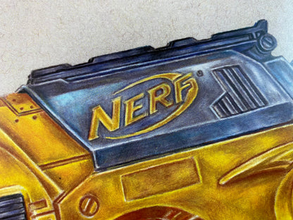 limited edition art print of realistic coloured pencil drawing of the Nerf Maverick blaster by tom mothersole 