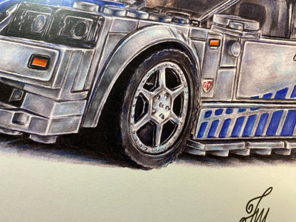 Framed A4 art print of the LEGO Nissan Skyline R34 speed champion coloured pencil drawing from the fast and furious films by tom mothersole