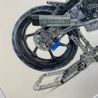 close up of tom mothersoles realistic coloured pencil drawing of the LEGo Technic BMW M1000 RR 3