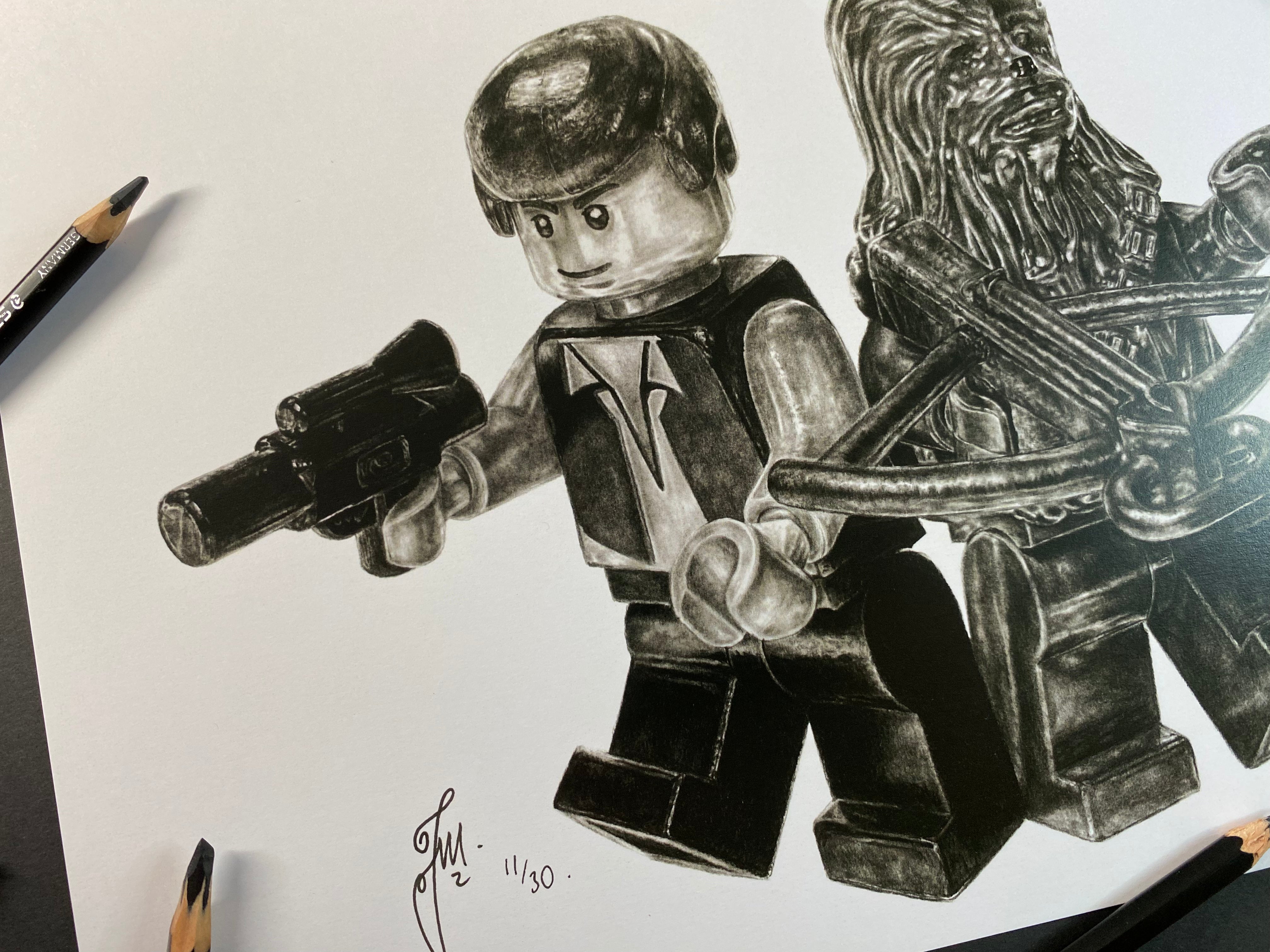 signed limited edition art print of LEGO starwars Han Solo and chewbacca pencil drawing lego art by tom mothersole