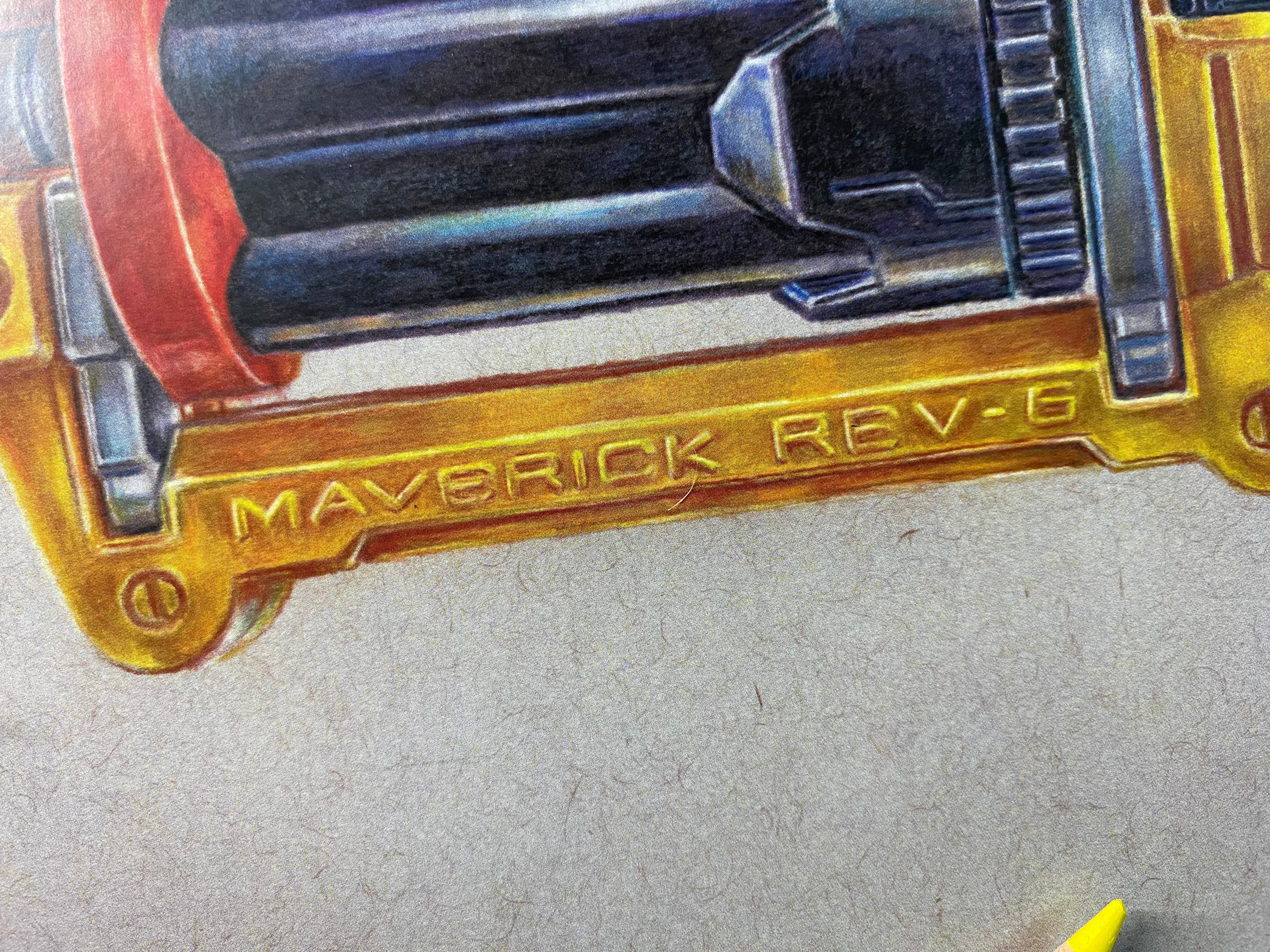 limited edition art print of realistic coloured pencil drawing of the Nerf Maverick blaster by tom mothersole 