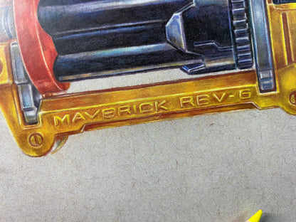 limited edition art print of realistic coloured pencil drawing of the Nerf Maverick blaster by tom mothersole 