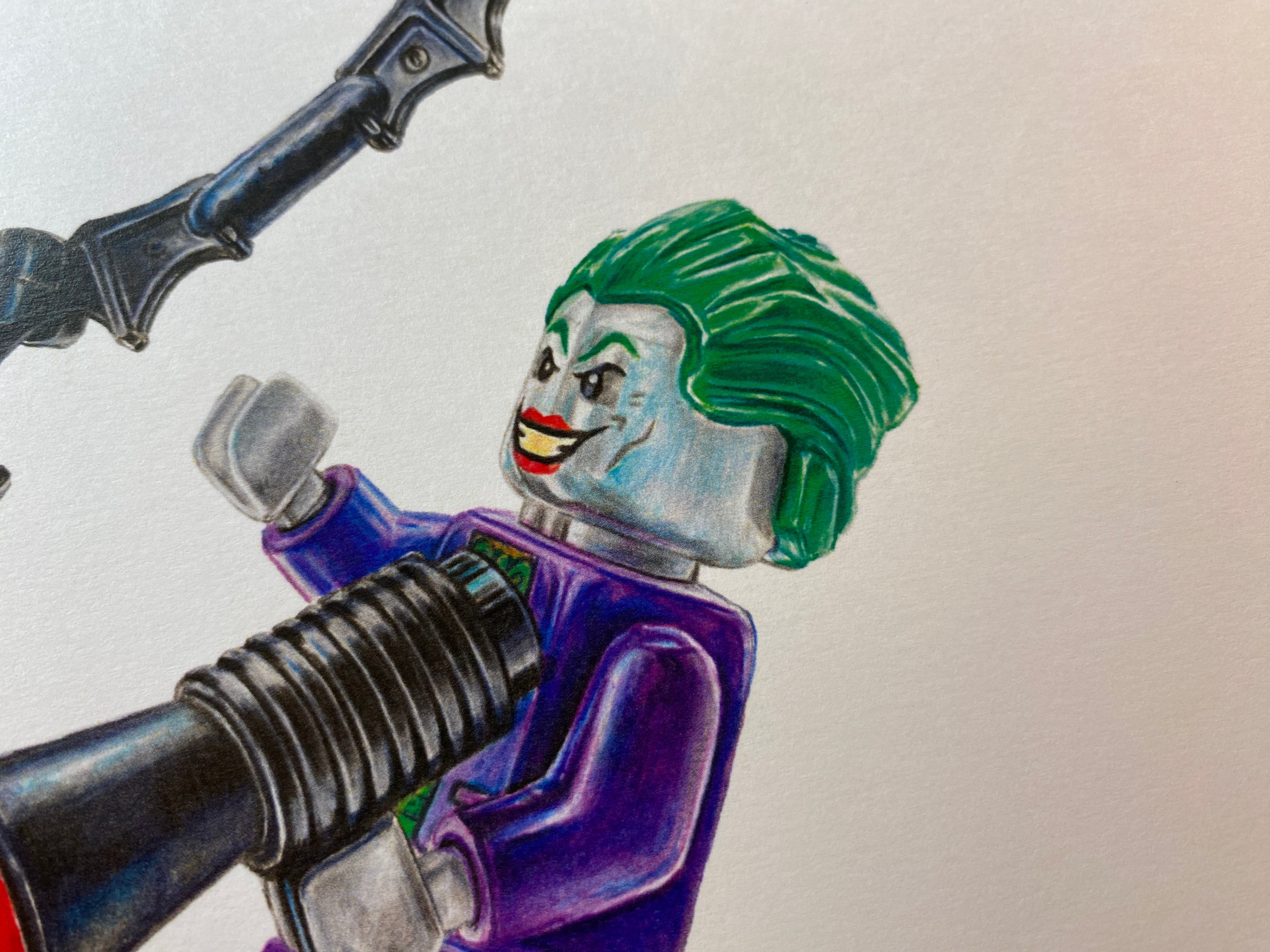 close up on the head of my realistic coloured pencil LEGO Joker Minifigure drawing by tom mothersole
