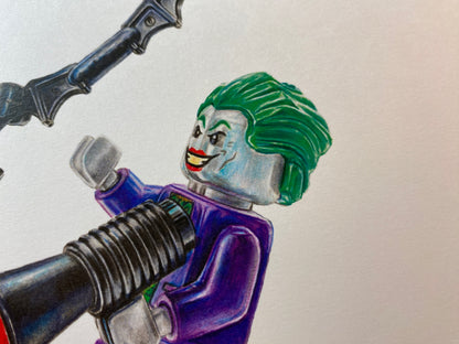 close up on the head of my realistic coloured pencil LEGO Joker Minifigure drawing by tom mothersole