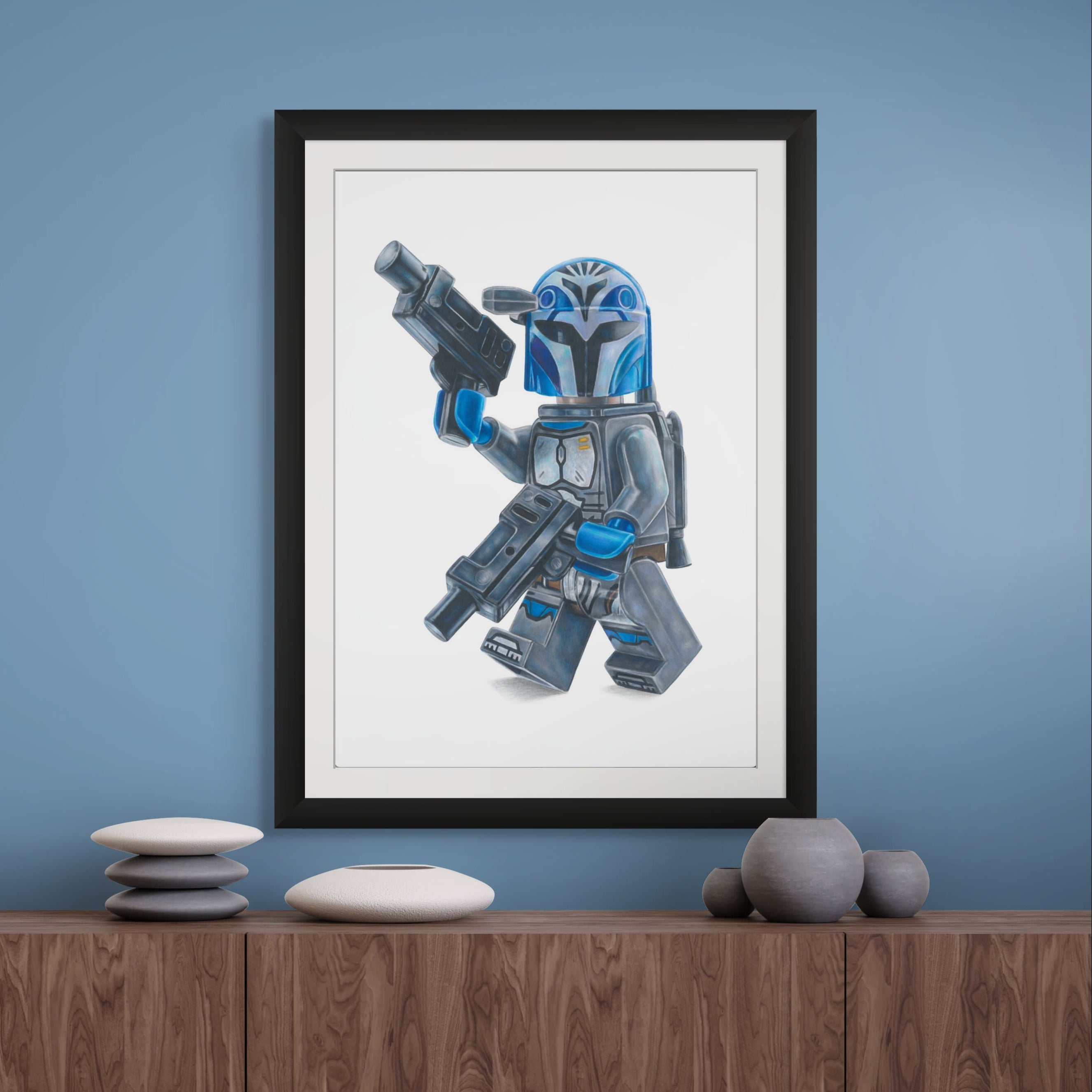 framed limited edition art print of my coloured pencil drawing of the LEGO Bokatan Minifigure by tom mothersole lego art