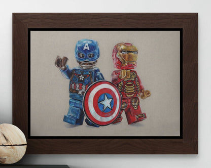 framed print of my LEGO captain america and iron man minifigure coloured pencil drawing marvel avengers fan art by tom mothersole