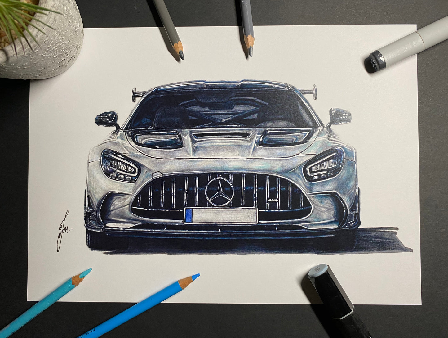 Silver Mercedes AMG GTR Drawing - PRINT