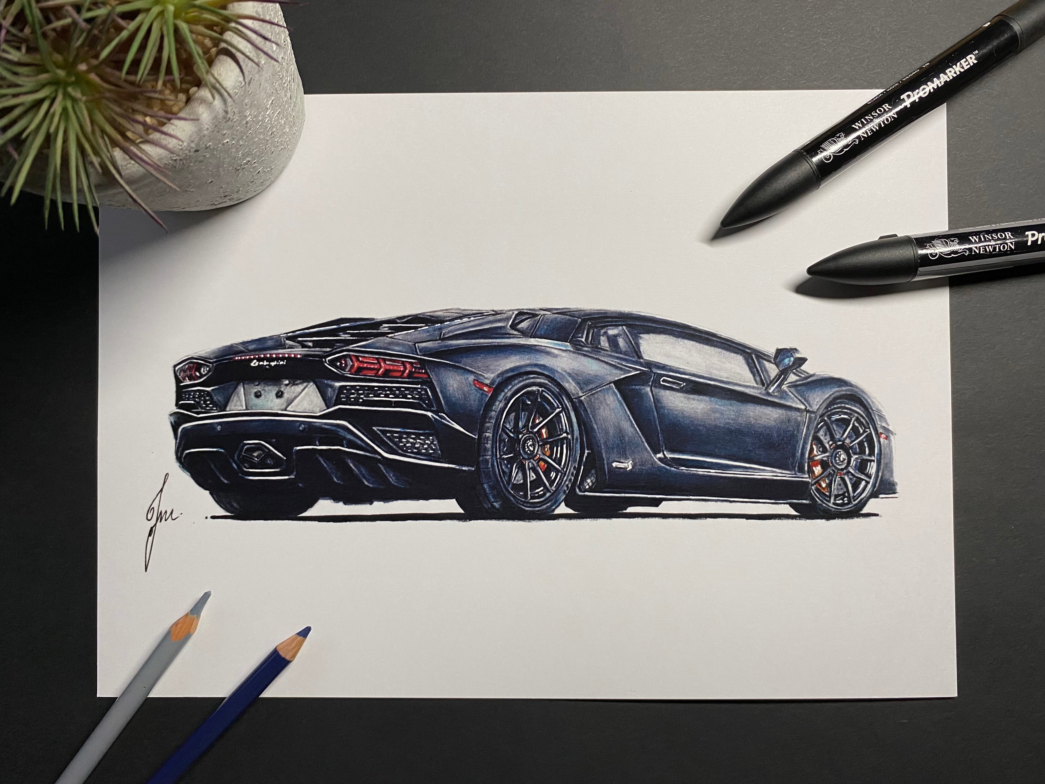 Black Lamborghini Aventador Drawing - PRINT