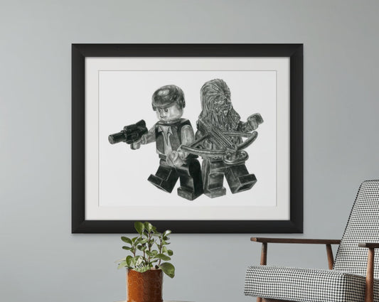 framed print of the LEGO starwars han solo and chewbacca minifigures graphite pencil drawing