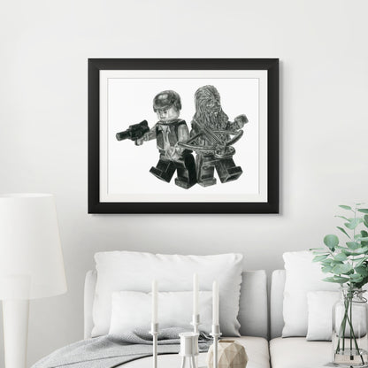 LEGO Han Solo and Chewbacca Graphite Pencil Drawing - PRINT