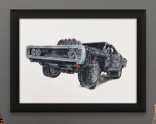 framed print of my LEGO technic Dodge Charger coloured pencil drawing 