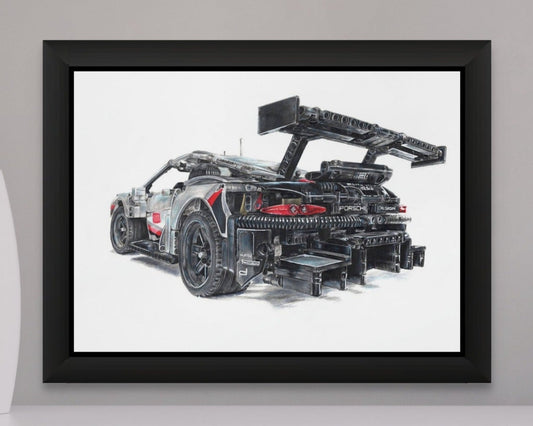 framed print of my LEGO Technic Porsche 911 RSR coloured pencil drawing