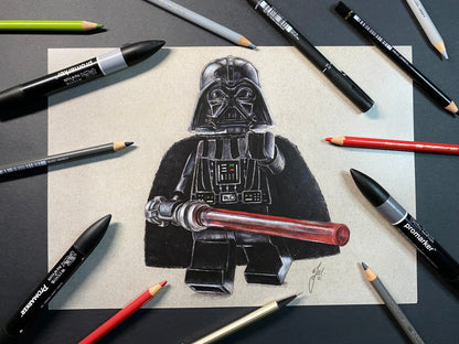 Limited edition art print of my realistic coloured pencil drawing of the LEGO Darth Vader Minifigure from starwars by tom mothersole lego art