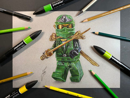 signed, limited edition art print of tom mothersole's realistic coloured pencil drawing of the LEGO Lloyd Garmadon Minifigure from Ninjago 