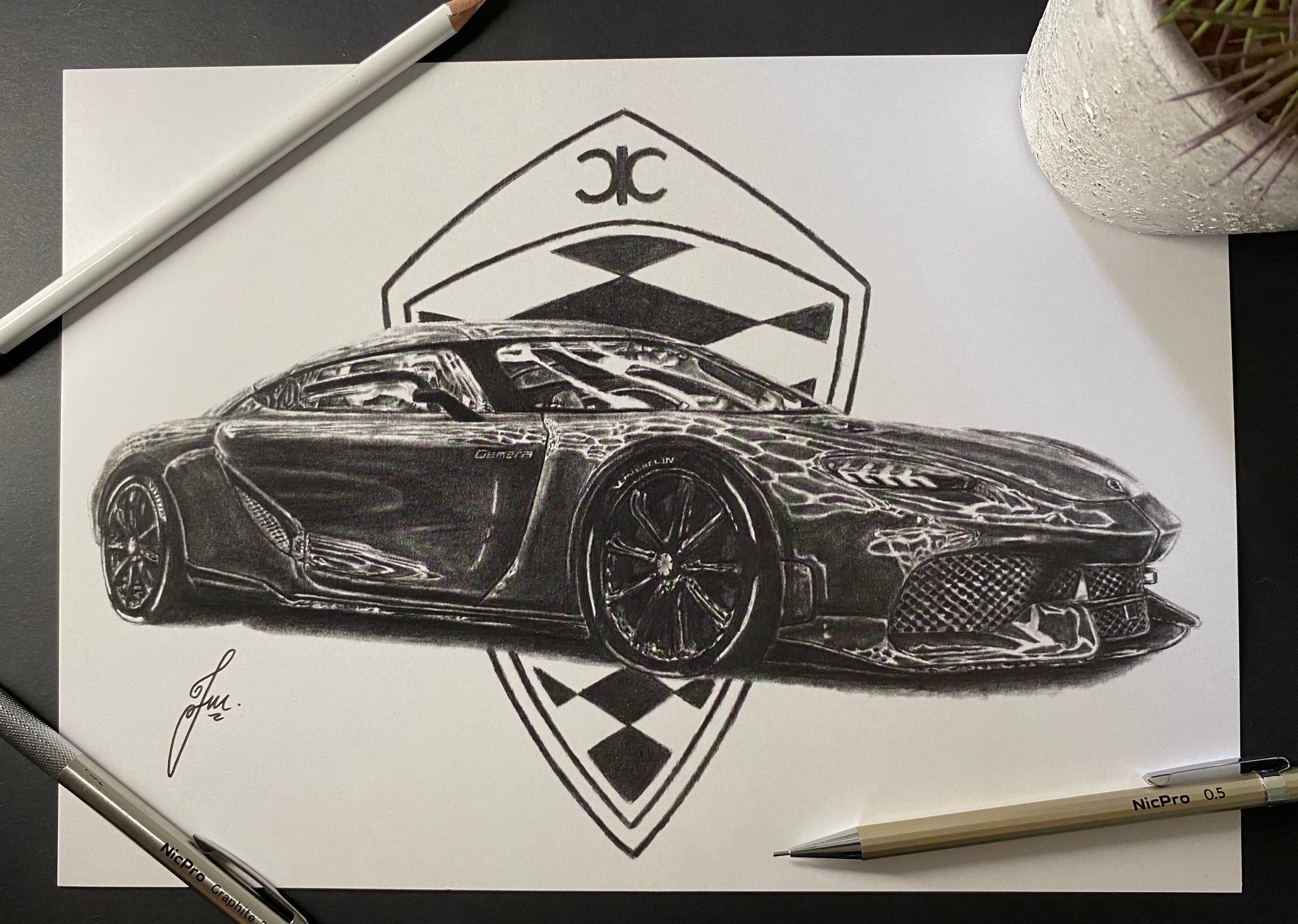 realistic graphite pencil drawing of the Koenigsegg gemera super car completed by tom mothersole