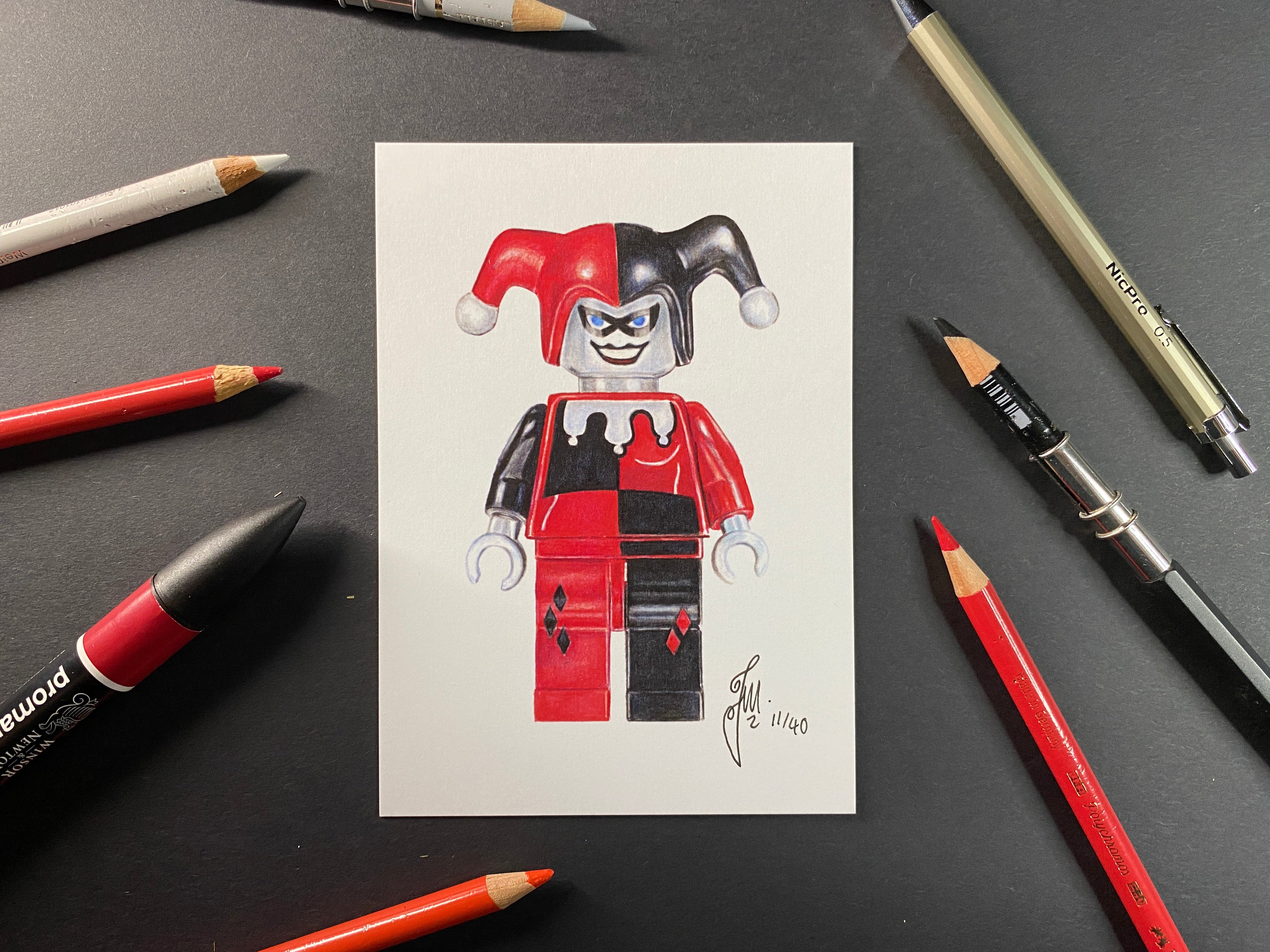 limited edition art print of the LEGO Harley Quinn Minifigure coloured pencil drawing by tom mothersole from the DC universe