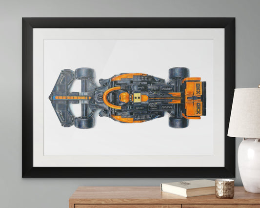 Framed print of a coloured pencil drawing of the LEGO McLaren F1 car speed champion 