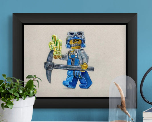 Framed limited edition print of a LEGO power miner minifigure coloured pencil drawing 
