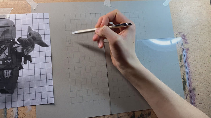 timelapse of tom mothersole drawing the LEGO® Mandalorian and Grogu Minifigures from starwars using coloured pencils and markers lego art