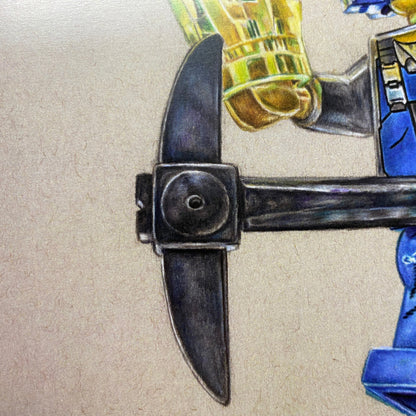 realistic coloured pencil drawing of a lego pickaxe by tom mothersole on lego power miner art work