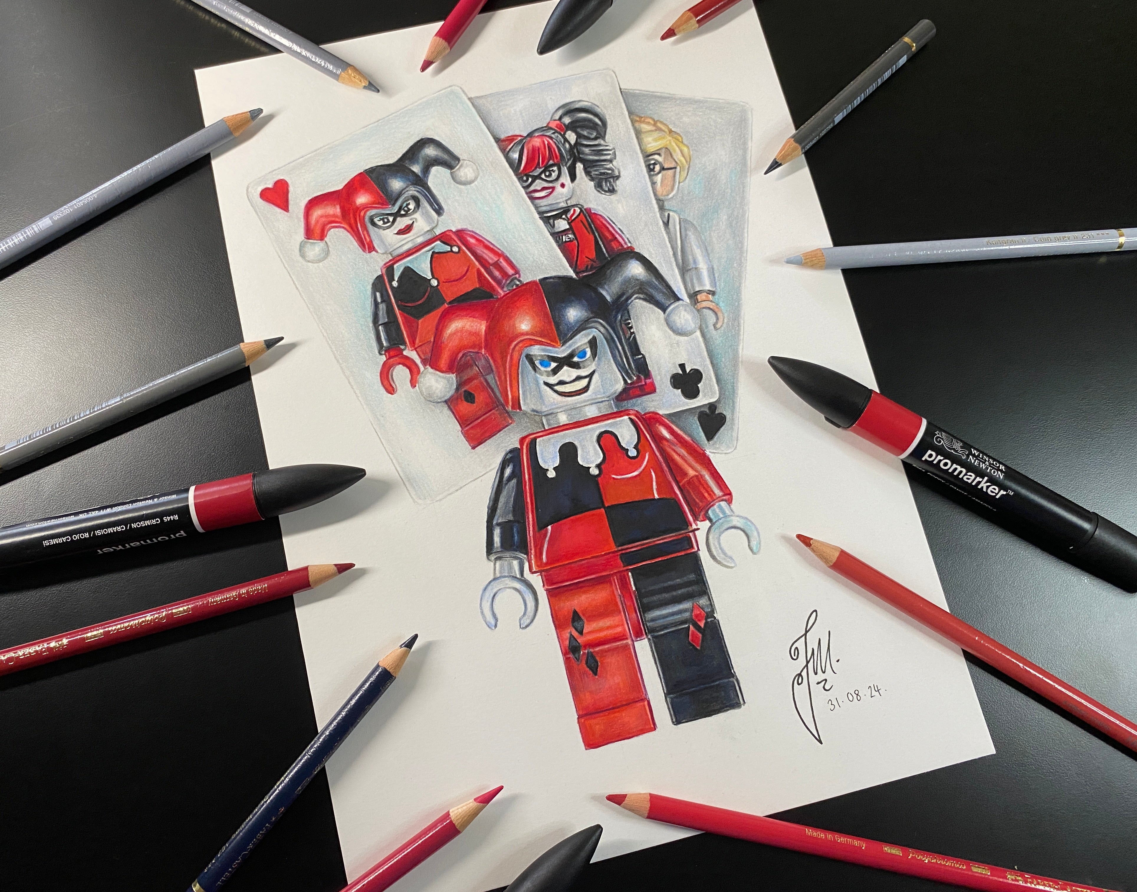realistic coloured pencil drawing of the LEGO Harley quinn minifigure