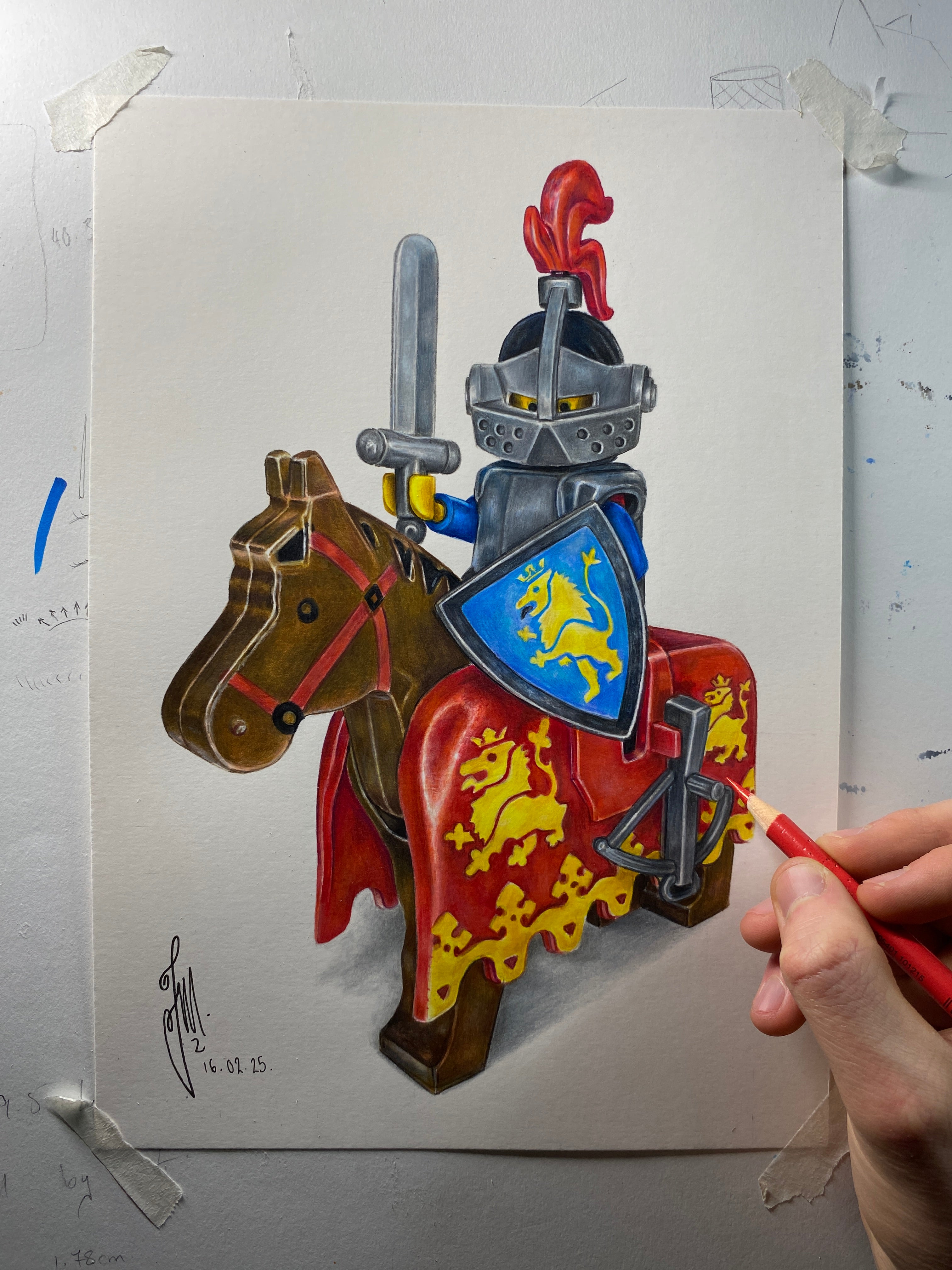 realistic coloured pencil drawing of the LEGO Lionknight mini figure
