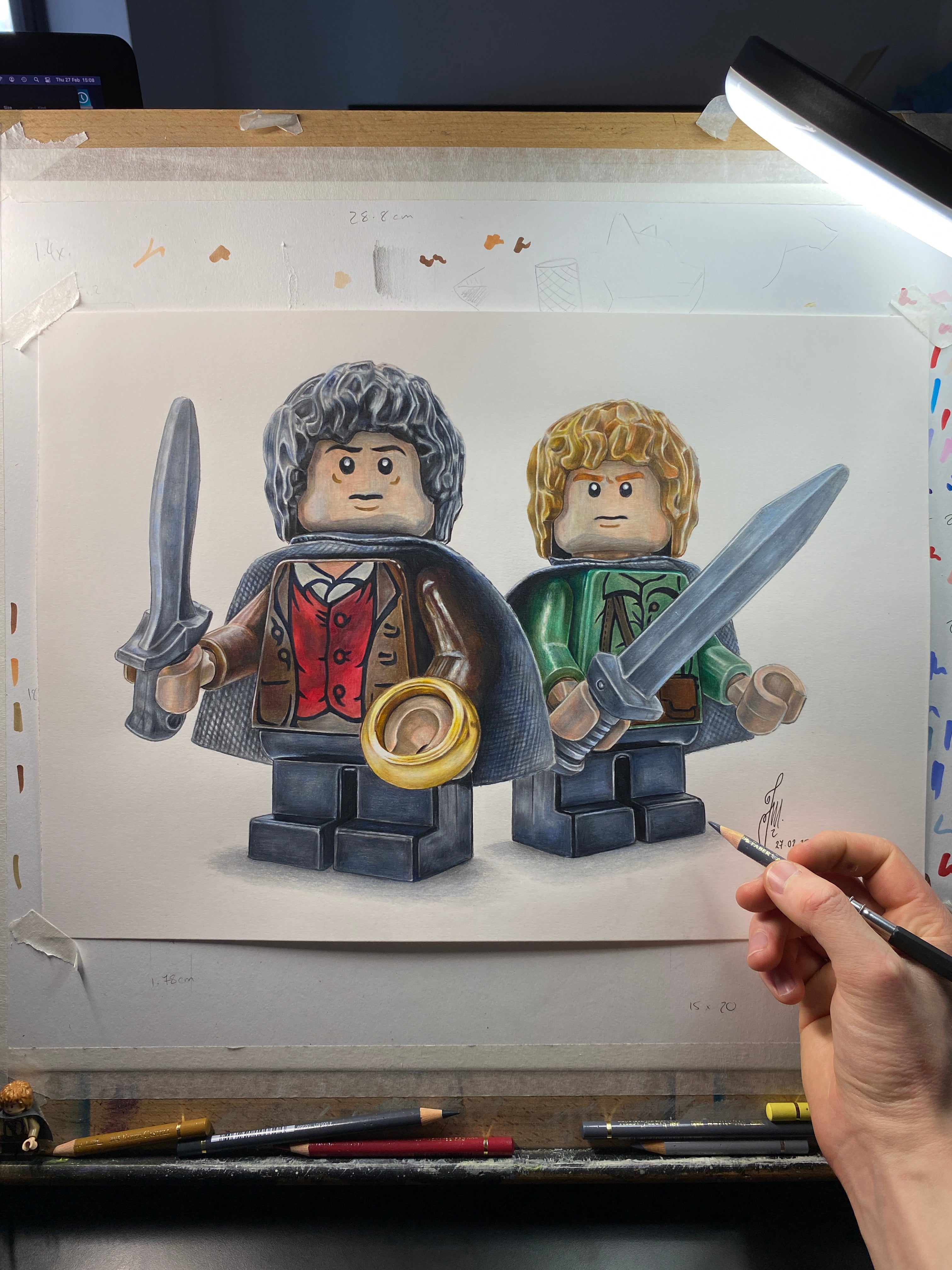 realistic coloured pencil drawing of the LEGO Sam and frodo minifigures from lord of the rings