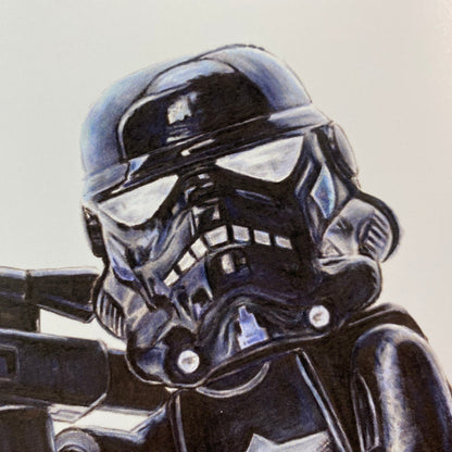 realistic pencil drawing of a lego shadowtrooper helmet on a white background art print