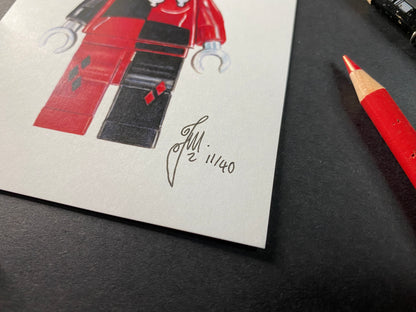 signed limited edition art print of the LEGO Harley Quinn Minifigure coloured pencil drawing by tom mothersole from the DC universe