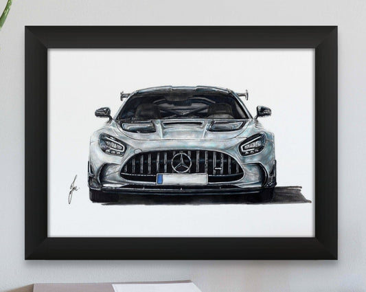 framed print of my silver mercedes AMG GTR coloured pencil drawing