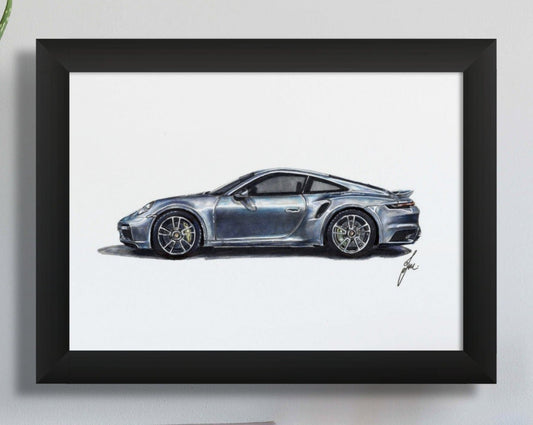Framed print of a silver porsche 911 coloured pencil drawing