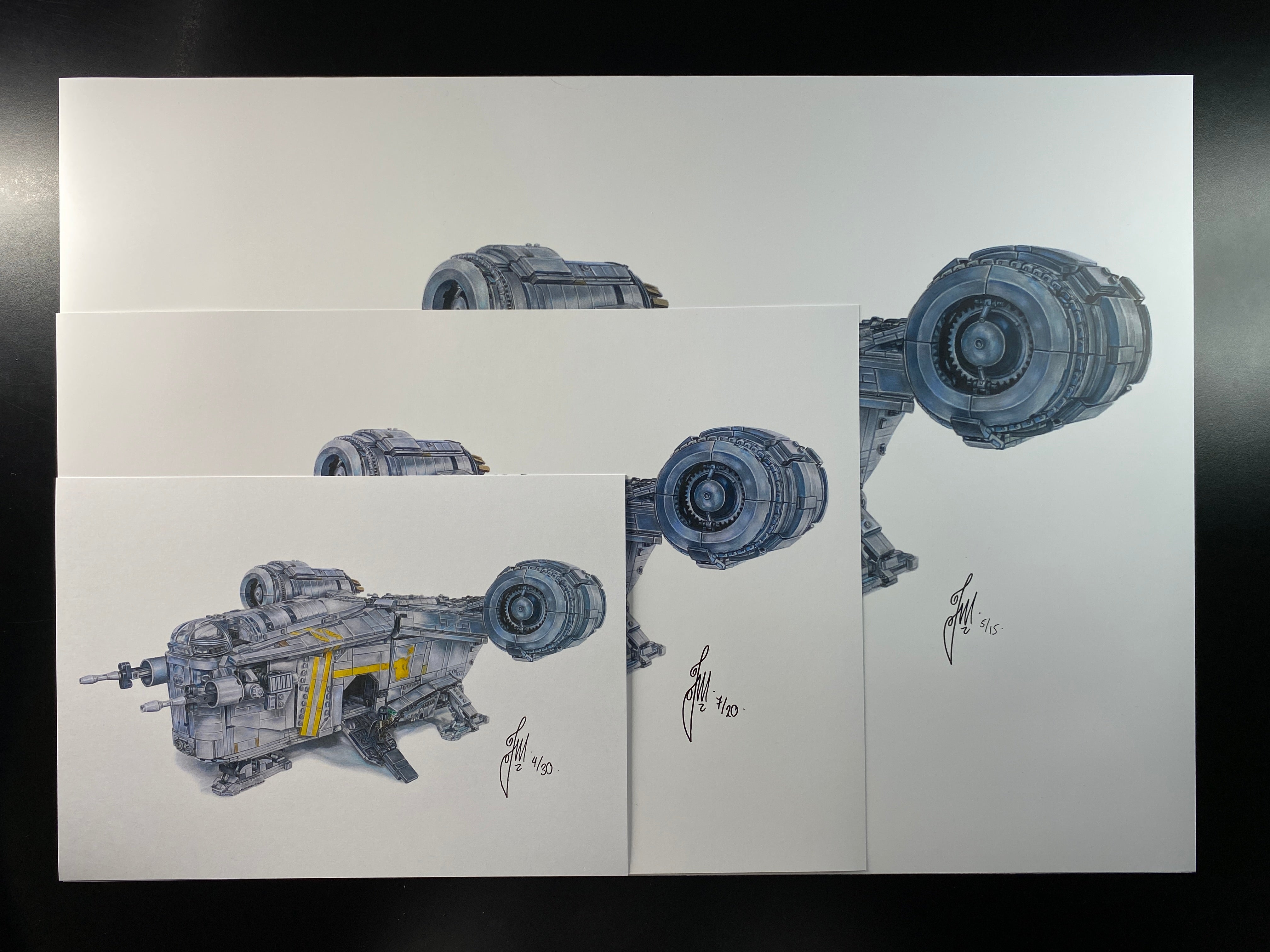 limited edition art print of my realistic coloured pencil drawing of the LEGO Razorcrest spaceship from starwars the mandalorian by tom mothersole lego art