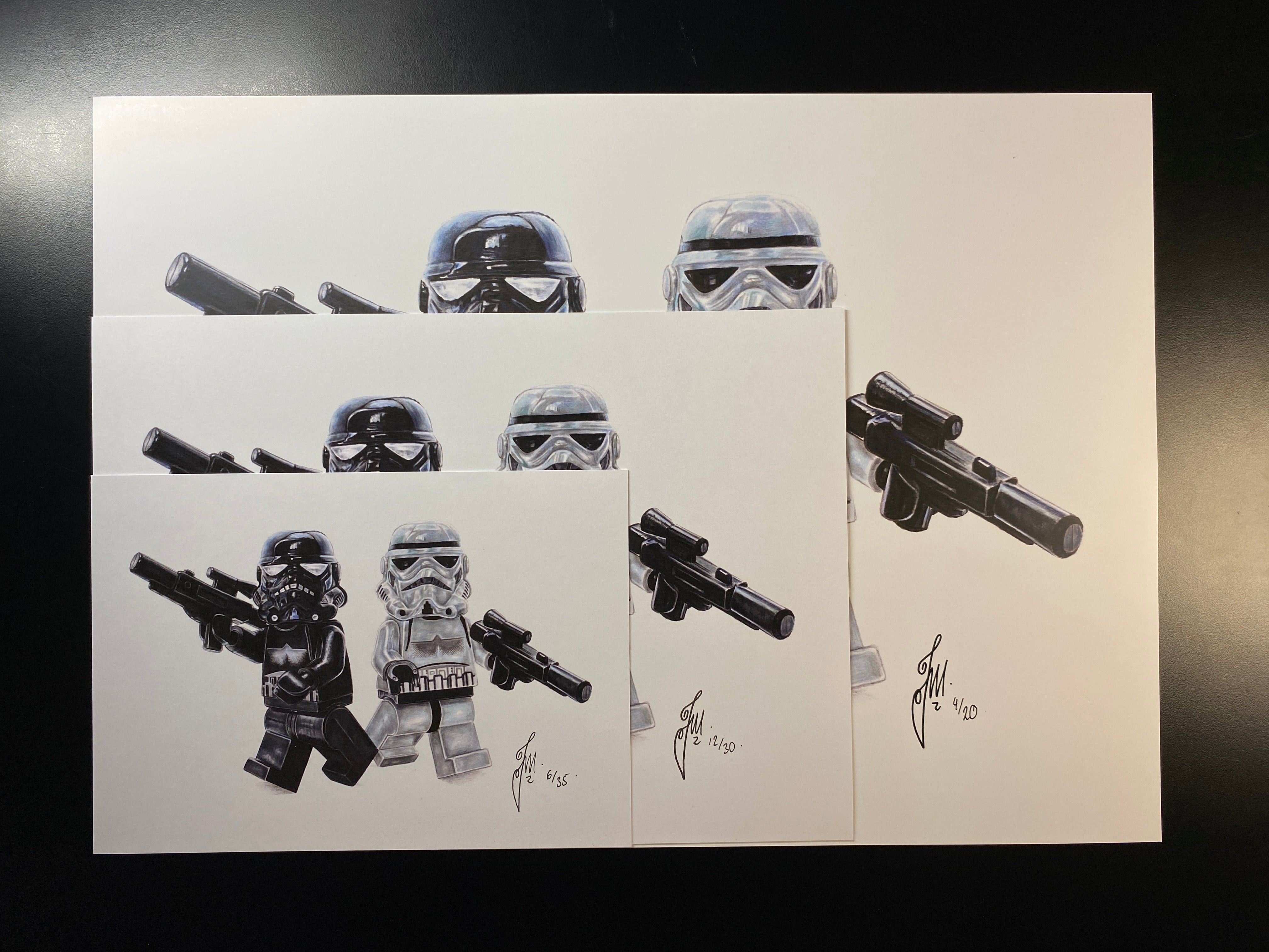 limited edition art print of my realistic coloured pencil drawing of the LEGO Shadowtrooper and stormtrooper Minifigures from starwars lego art by tom mothersole