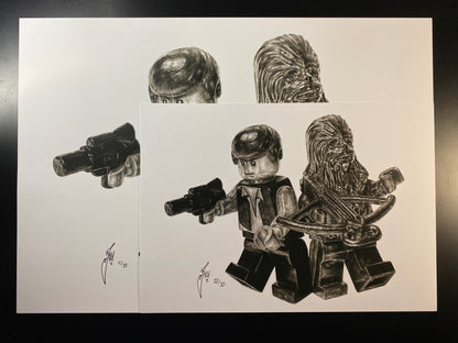limited edition art print of my realistic graphite pencil drawing of the LEGO Han Solo and Chewbacca Minifigures from Starwars by tom mothersole lego art