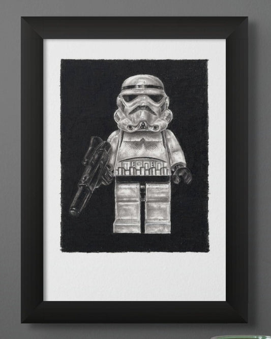 Framed print of a LEGO stormtrooper minifigure graphite pencil drawing
